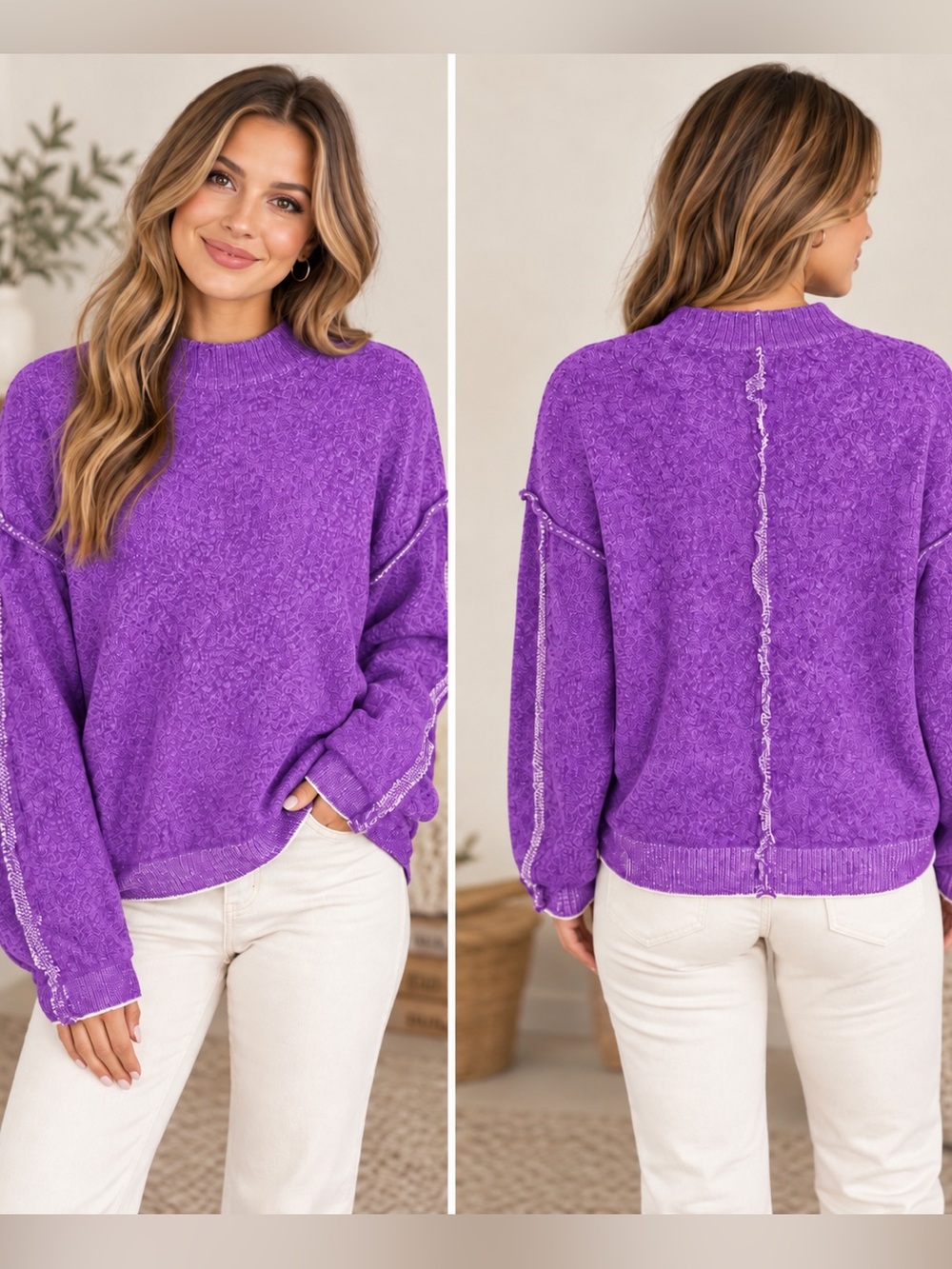 Zenana Chenille Exposed Seam Mock Neck Sweater – Violet 💜